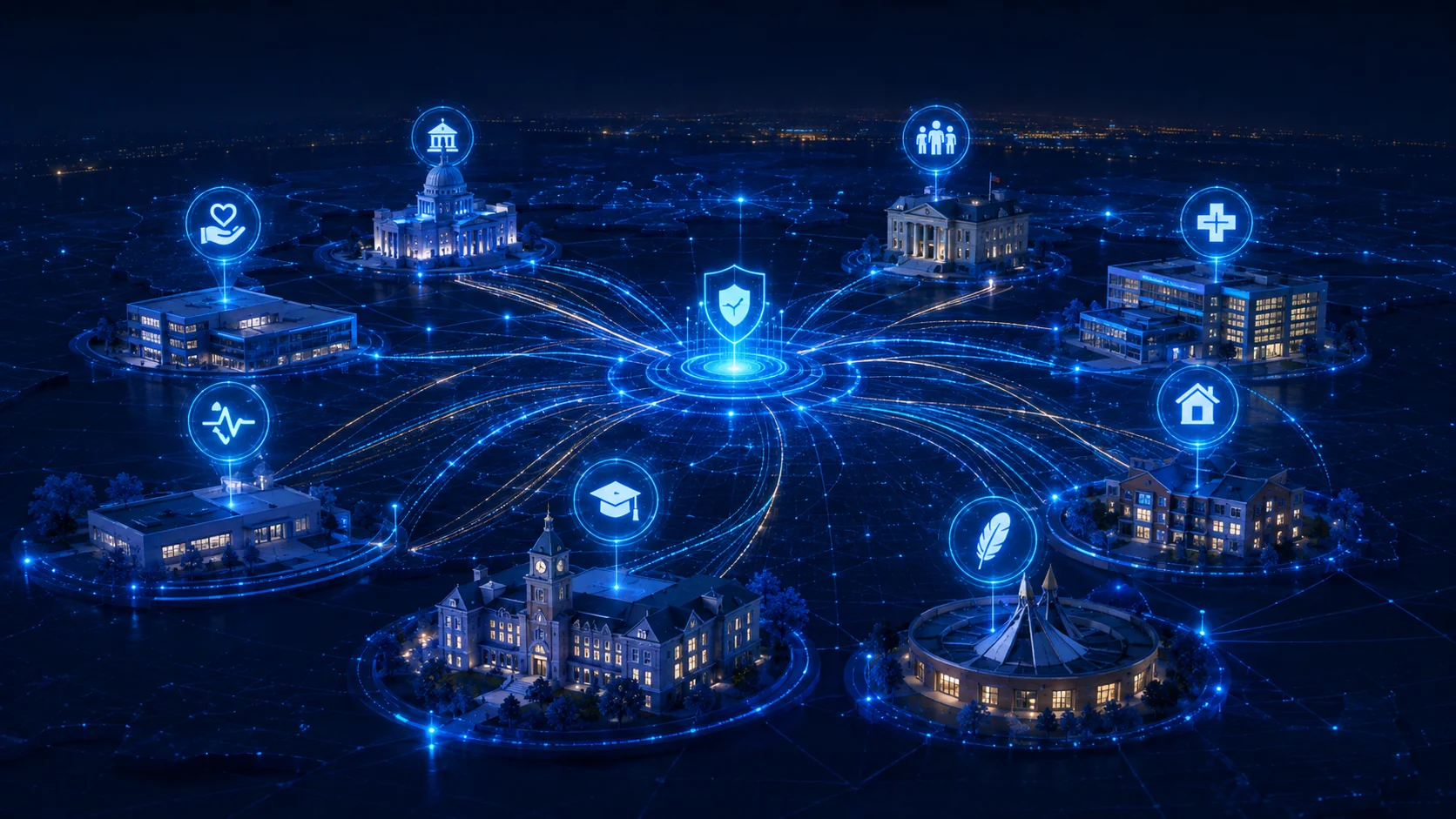 Connected network of government-funded institutions including healthcare, education, municipalities and housing.