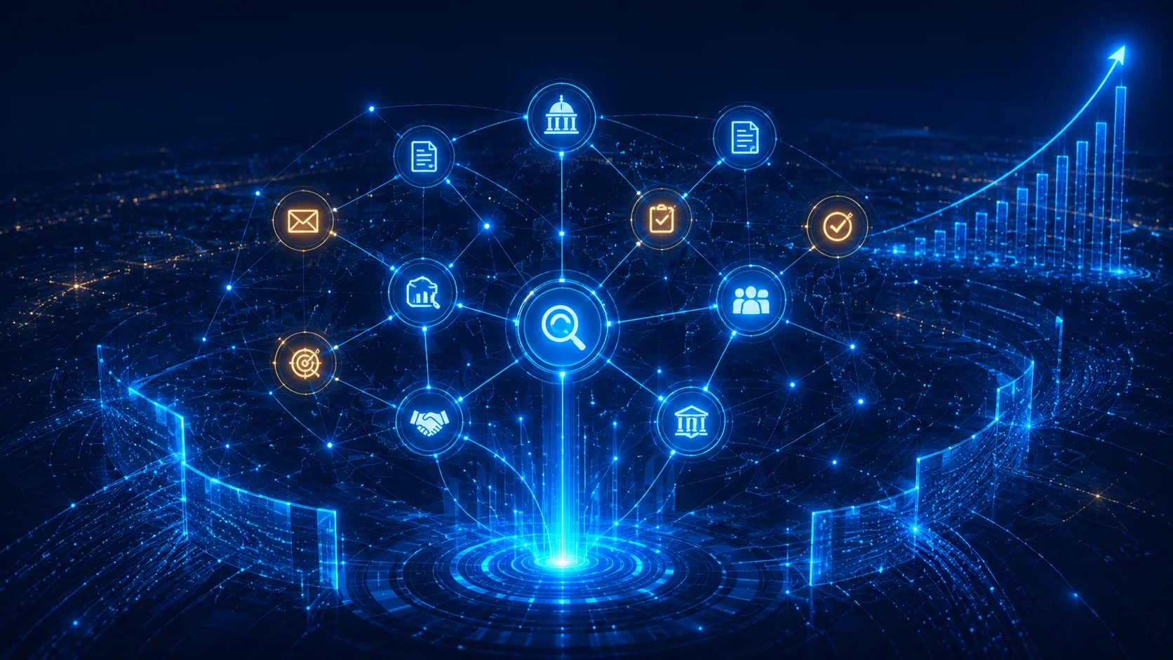 Network visualization connecting government, audit, organization and opportunity signals.
