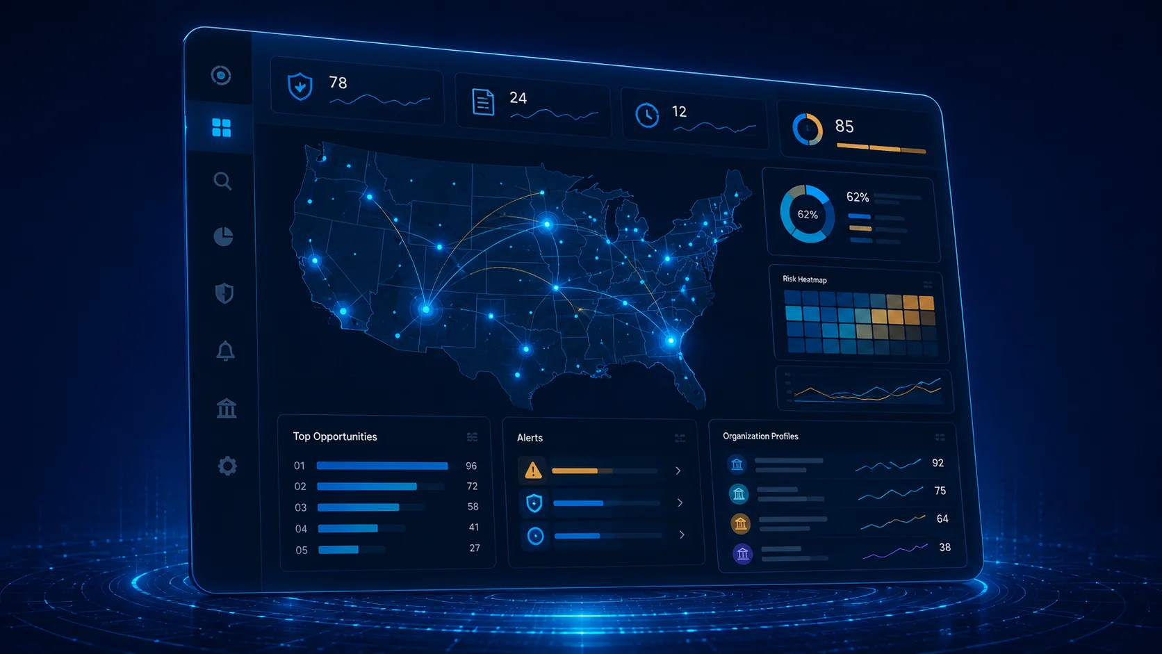 Conceptual AuditTrigger analytics dashboard with a United States map, opportunity rankings and risk indicators.